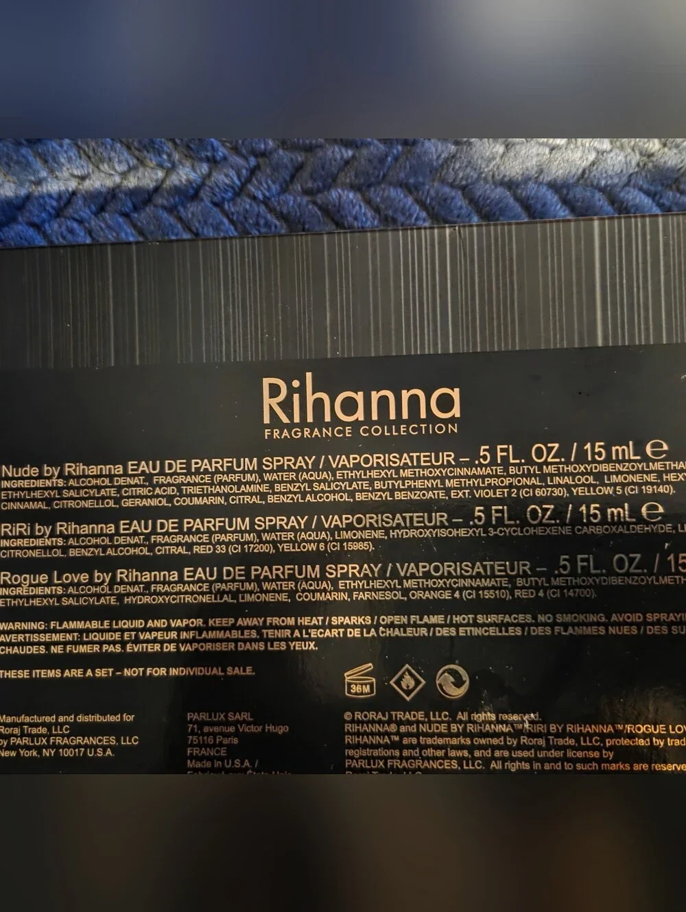 Rihanna 3-pc Set features mini bottles of Nude, RiRi, and Rogue Love